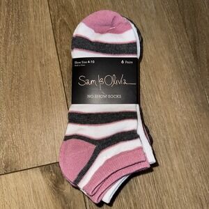 Sam & Olivia No Show 6 Pack No Show Socks Shoe Size 4-10 New Stripes/Solid